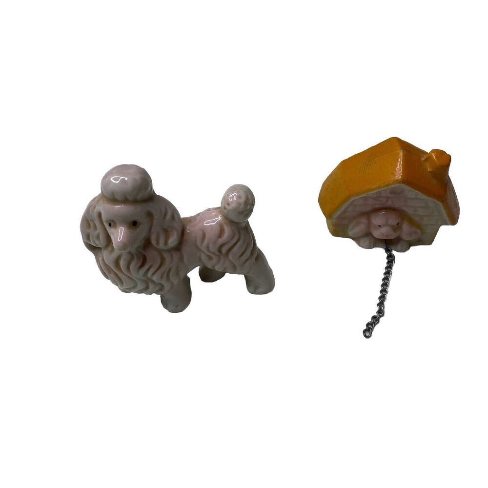 Vintage Pink Poodle Dogs Ceramic Figurines Japan Mid Century Kitschy Mom Baby